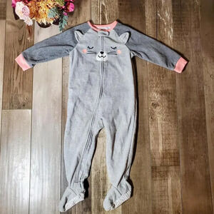 Carter's Toddler Girl Size 2T Gray and Pink Footed Fleece Sleeper Cat Face NWOT